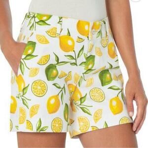NEW ISAAC MIZRAHI Womens Sz 10 Summer Citrus Lemon Print Tailored Shorts Stretch